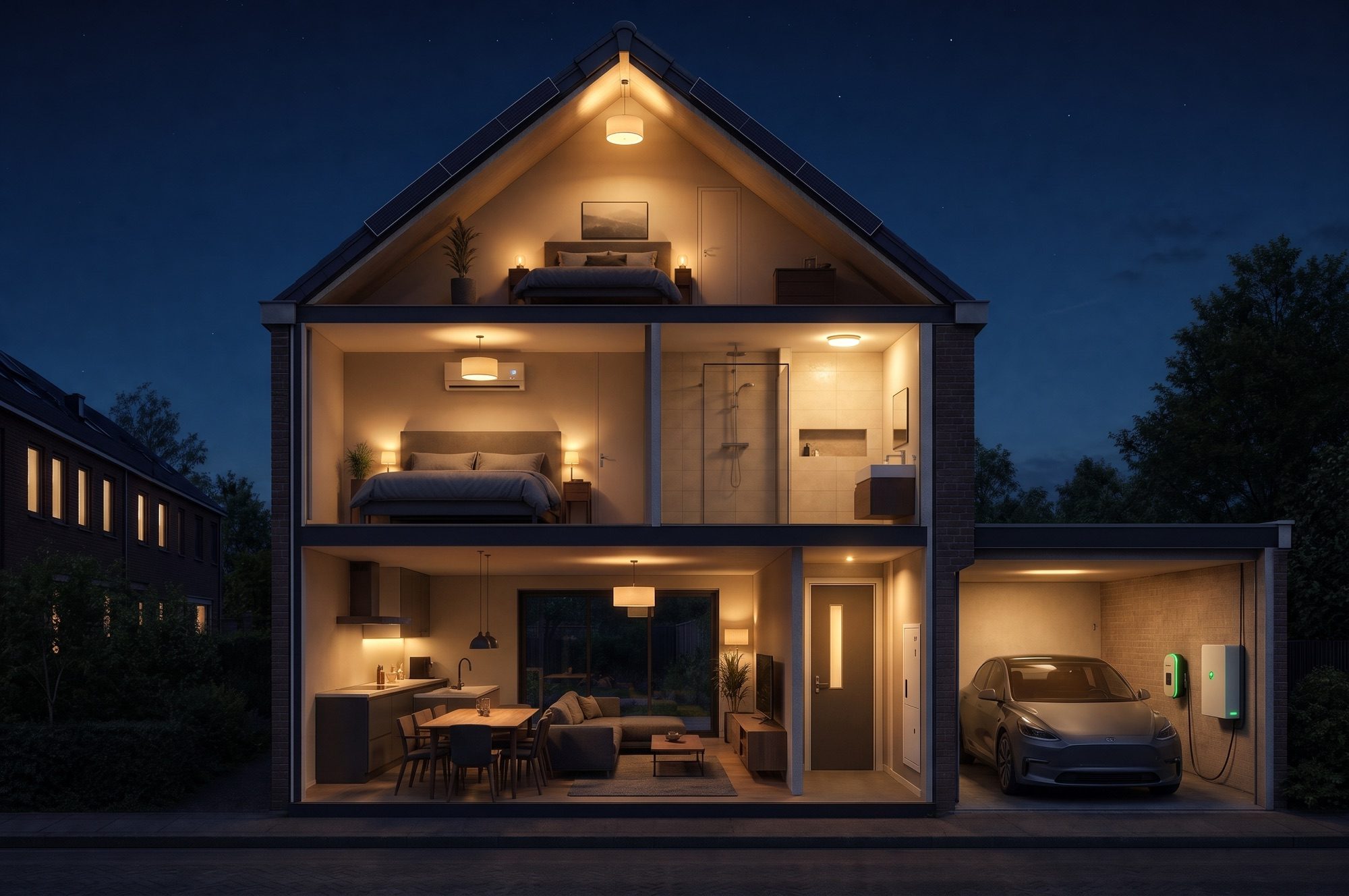 De woning in de avond met alle groepen aan